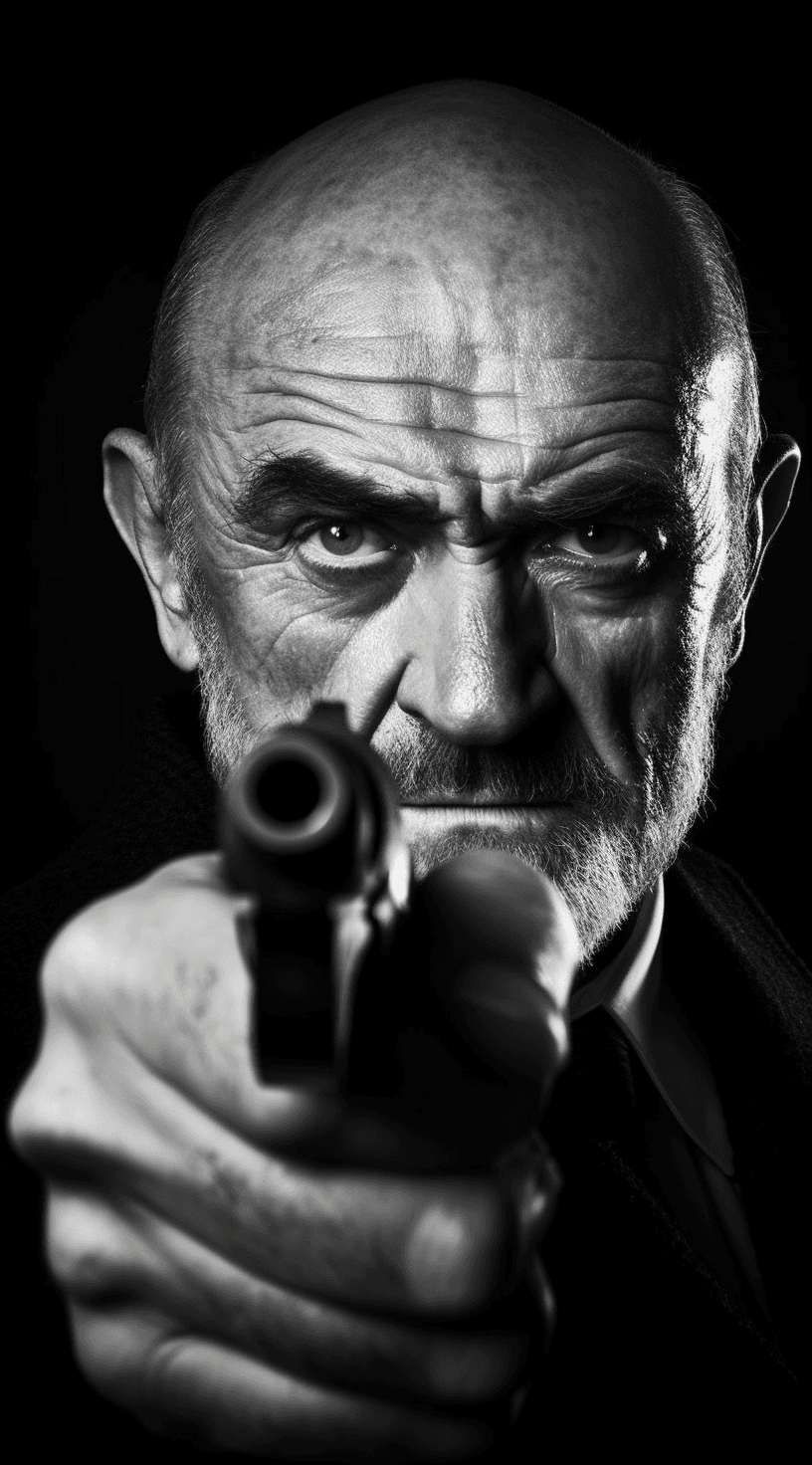 AI generated: Sean connery at 31 with a gun black and white shot, in the style of celebrity and pop culture refere...