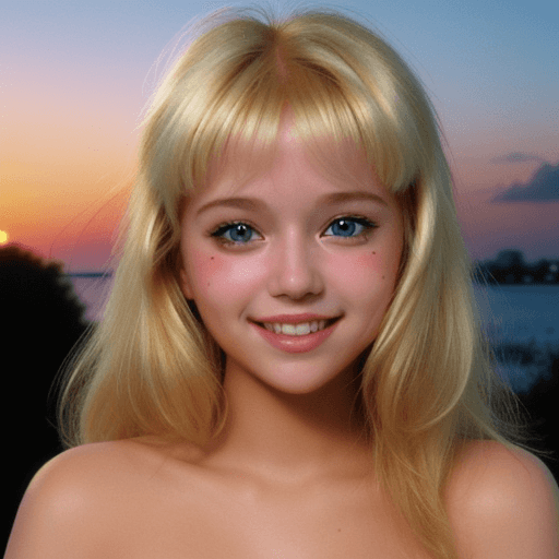 AI generated: blonde cute girl, smile, blush, sunset, realism, 80's style