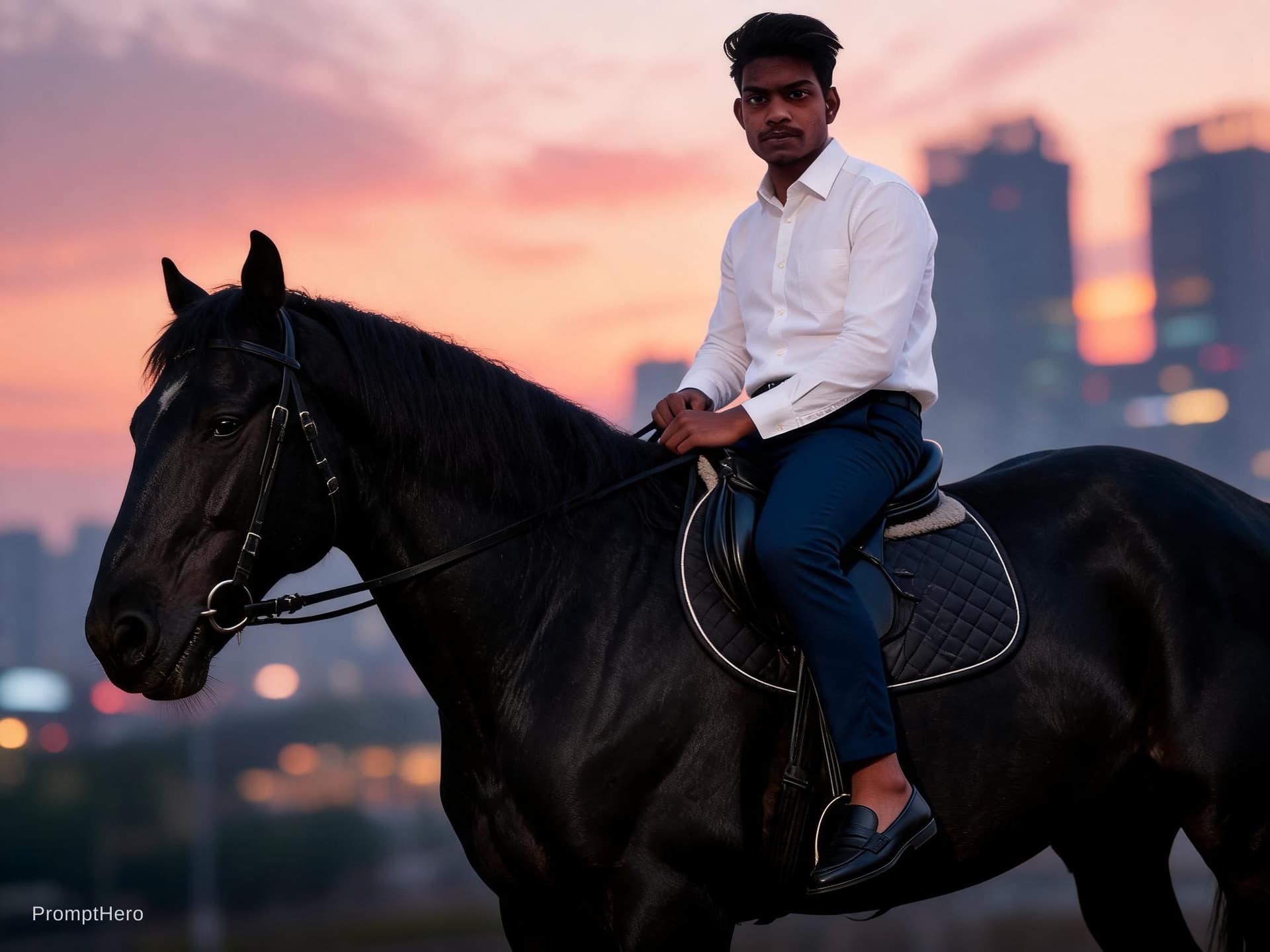 AI generated: a men with sitting on black beautiful horse and men has wear a white shirt and navy blue pant and le...