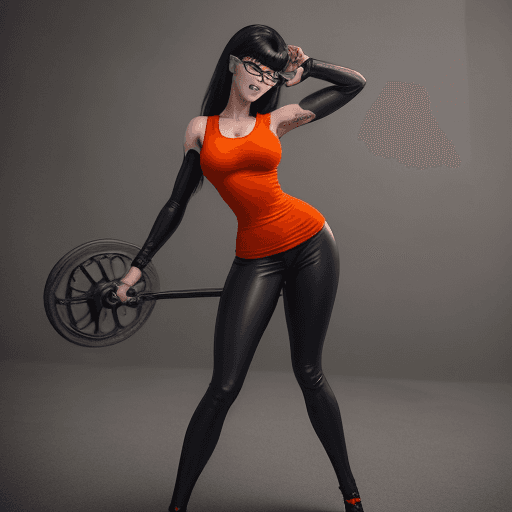 AI generated: velma from scooby-doo, beautiful charismatic girl, showing piercing, athletic body, a woman an orang...