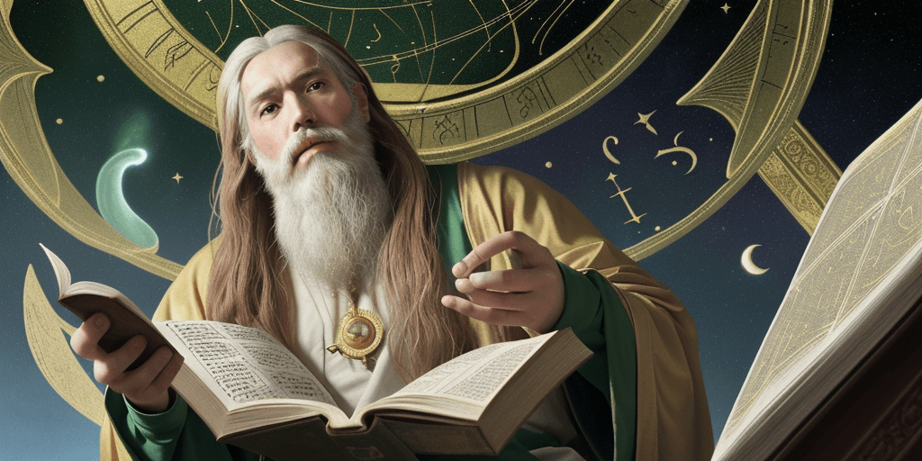 AI generated: Renaissance painting of Nostradamus, with a long white beard, sitting in an astrological observatory...