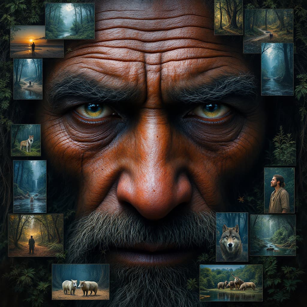 AI generated: digital painting, ultra realistic, very detailed eyes of an old aborigines shaman, sergio Leone styl...