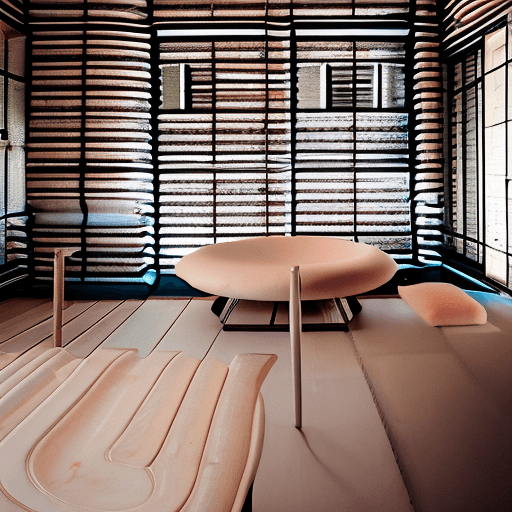 AI generated: High resolution photography interior design, dreamy sunken living room conversation pit, wooden floo...