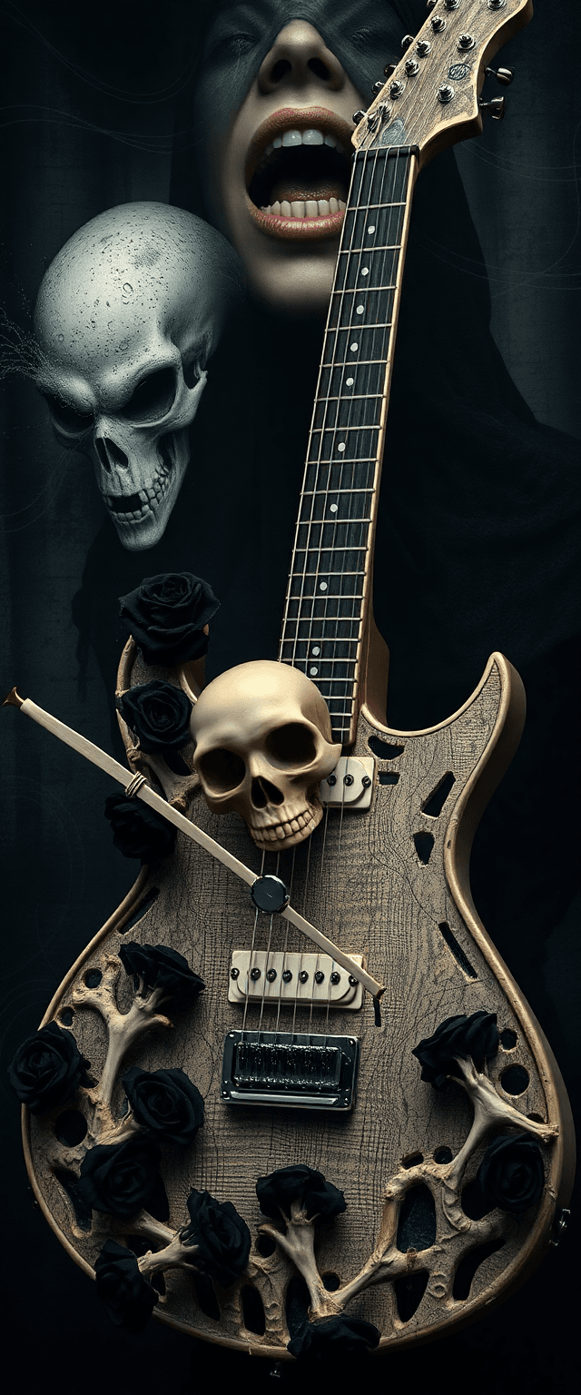 AI generated: electric guitar made of bone,skull and black roses, bow dragging across decayed strings, background ...