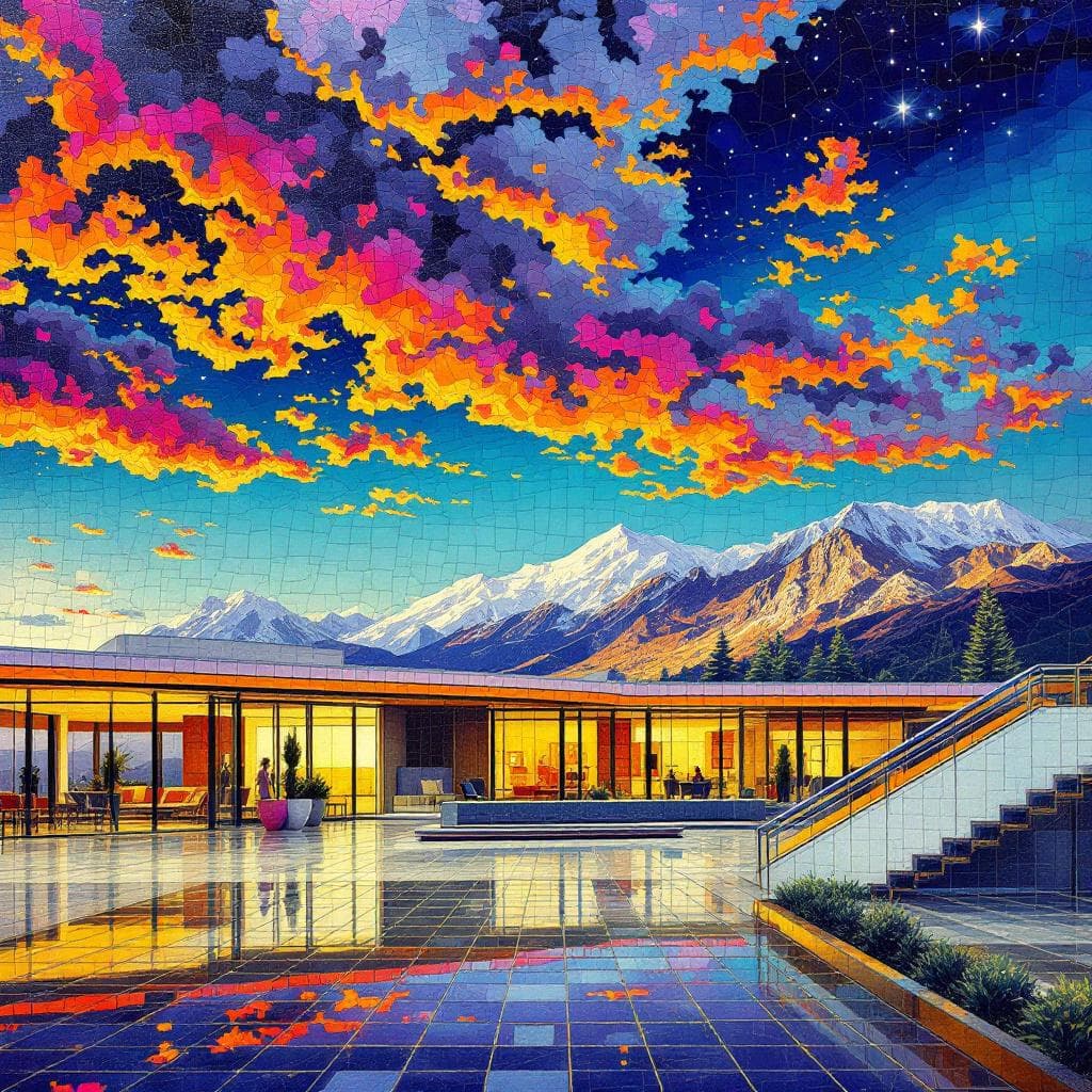 AI generated: Mosaic of images of neon-colored skies, Frank Lloyd Wright, Eames, Mies van der Rohe, Howard Finster...
