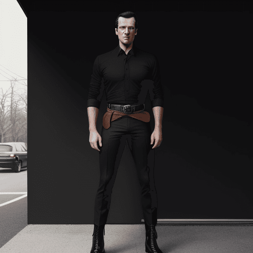 AI generated: Hyper realistic eye level exterior photo of a mid century modern man wearing a black shirt and black...