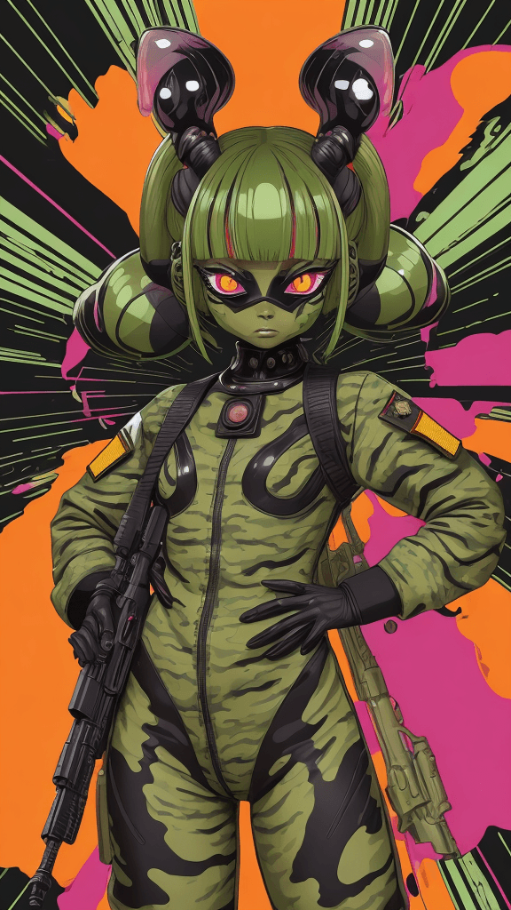 AI generated: in a funky background portrait of little (alien woman)1.1, wearing (army attire):1.1, with a (army w...