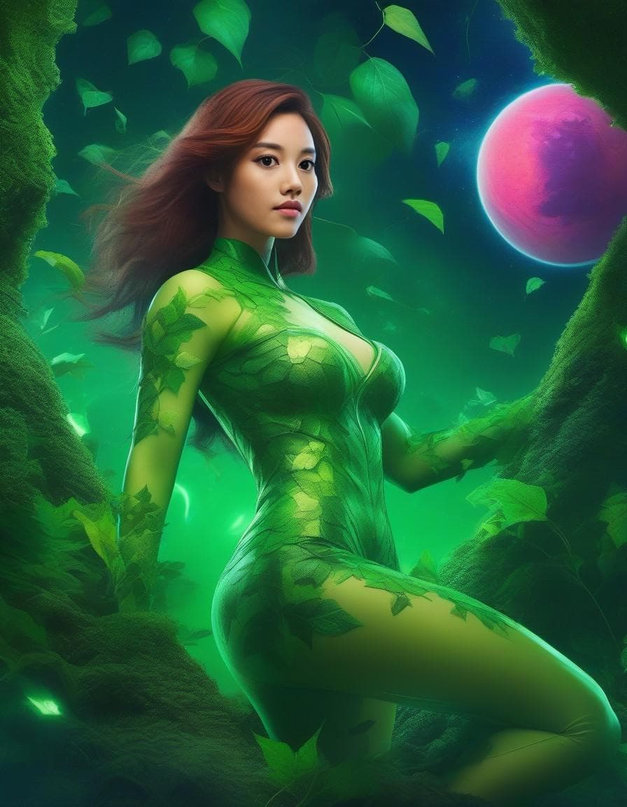 AI generated: Full body portrait of game character, Hyper realistic Poison Ivy like a God flying in space, Poison ...
