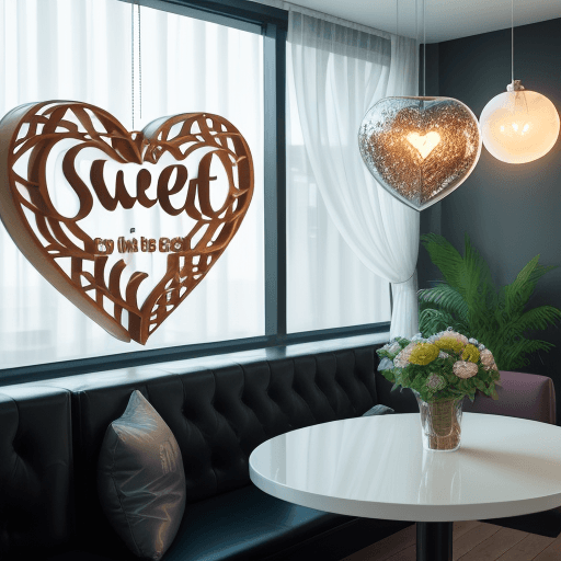 AI generated: Modern and stylish restaurant with window view, large laser-cut metal text "SWEET HEART" is hung on ...