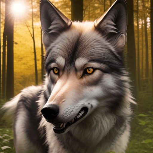 AI generated: ein junger wolf, verirrt im wald, sonnenaufgang, sieht mit süßen augen in die kamera, 