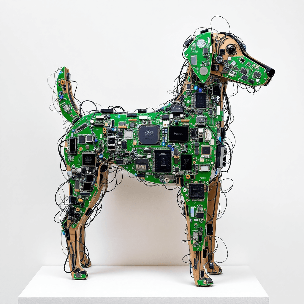 AI generated: The figure in this piece is a dog, but it's unlike any traditional representation. It's composed ent...