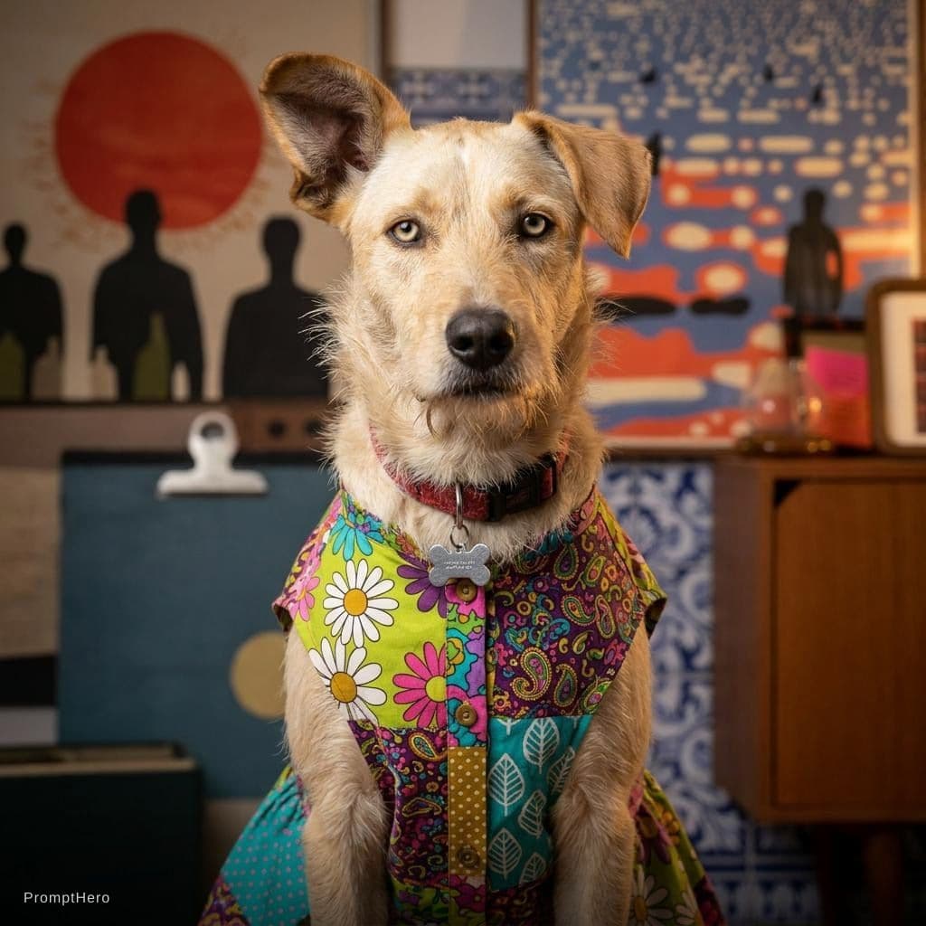 AI generated: Put my dog in a funky flower dress and turn it into a portrait photo