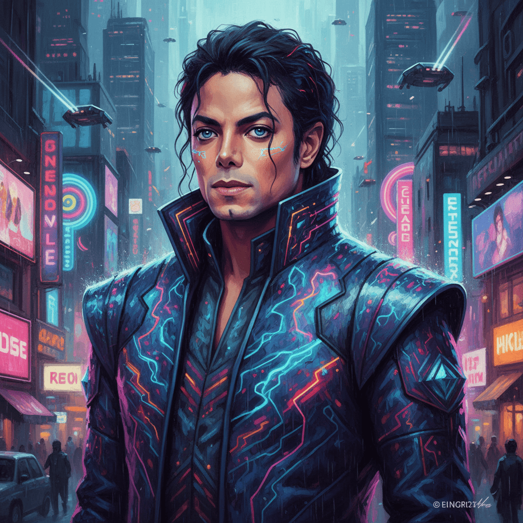 AI generated: a detailed portrait of Michael Jackson Storm Rain movie Jacket coat, Futuristic sci-fi fashion, roya...