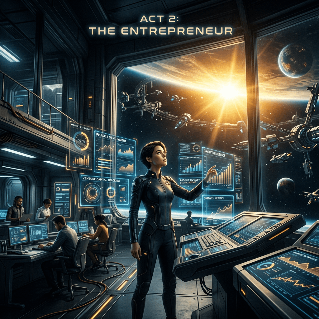 AI generated: "Epic sci-fi chapter transition, 'Act 2: The Entrepreneur' feeling, futuristic  startup command cent...