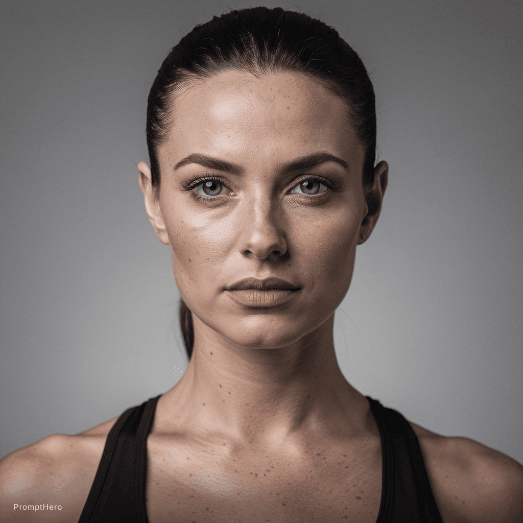 AI generated: hyper-realistic identity anchor portrait of a female action-movie lead (late 20s–early 30s), athleti...