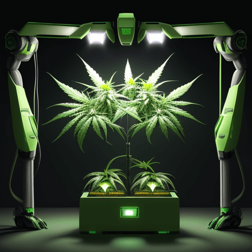 AI generated: "Generate a visually stunning image of a cannabis cultivation supervised by 5 humanoid robots. In th...