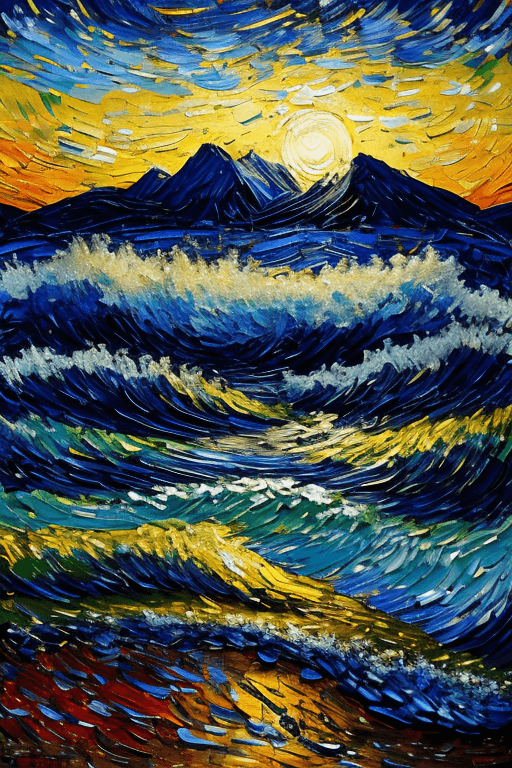 AI generated: mj, Van Gogh style, a sea and sunset, painted with bold and expressive brushstrokes reminiscent of V...