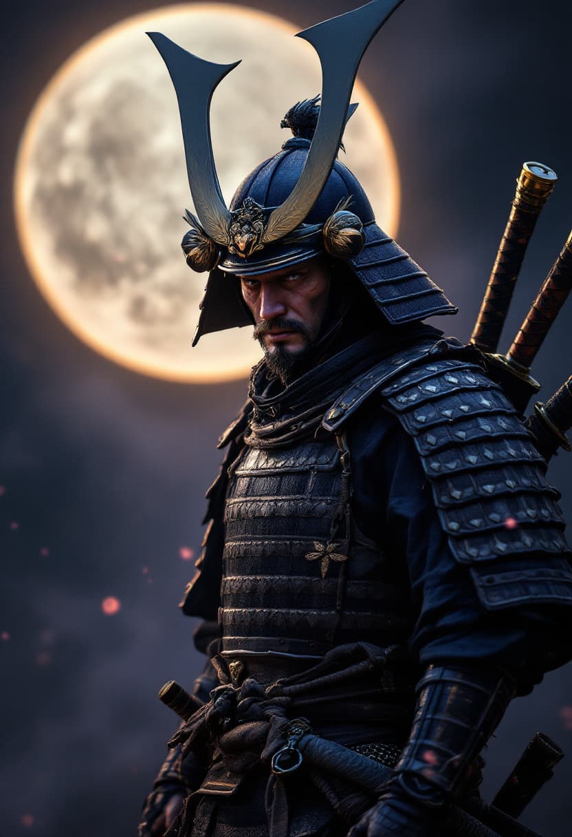 AI generated: realistic samurai warrior, traditional japanese armor and helmet, katana sheathed on waist, second k...