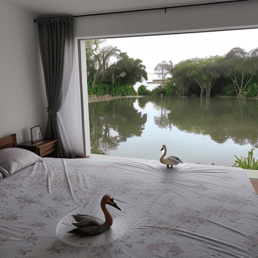AI generated: Estou olhando pela janela do meu quarto e Da janela do meu chale avisto um lindo +lago+.  No lago ve...