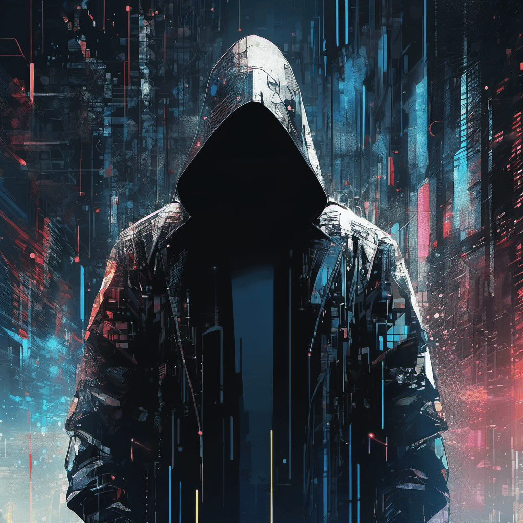 AI generated: portrait of a futuristic cyberpunk hacker, centered, no face, cape, in a matrix-style digital world,...