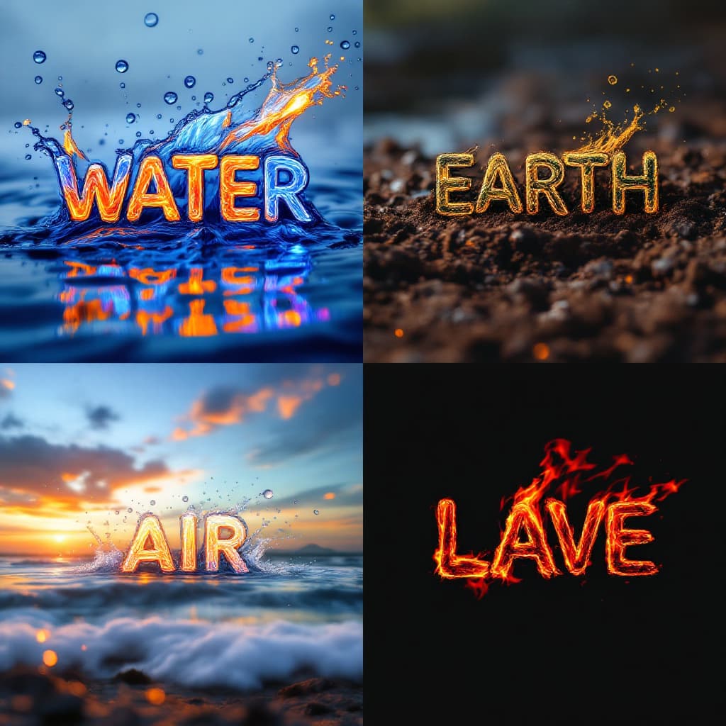 AI generated: the image show the fourth elements, each one in a part of the picture, first part is at top left and...