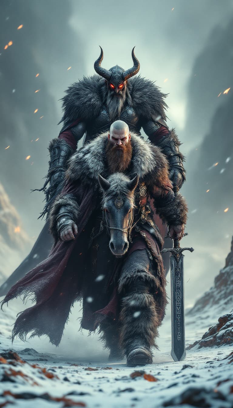 AI generated: An ultra-realistic, zoomed out, front facing full-body portrait of a towering Berserker, his fur-lin...