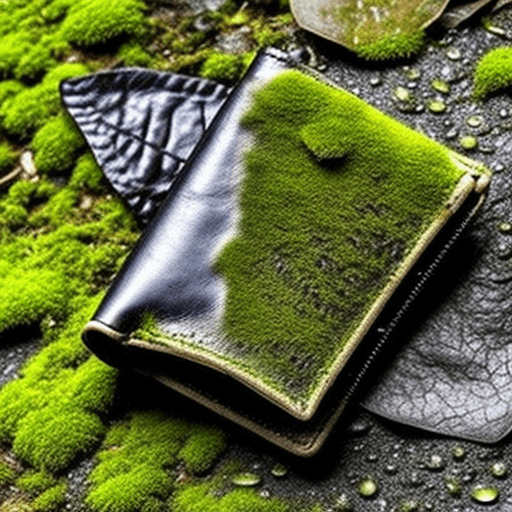 AI generated: an abandoned wet leather wallet on a mossy pavement. Style: goth