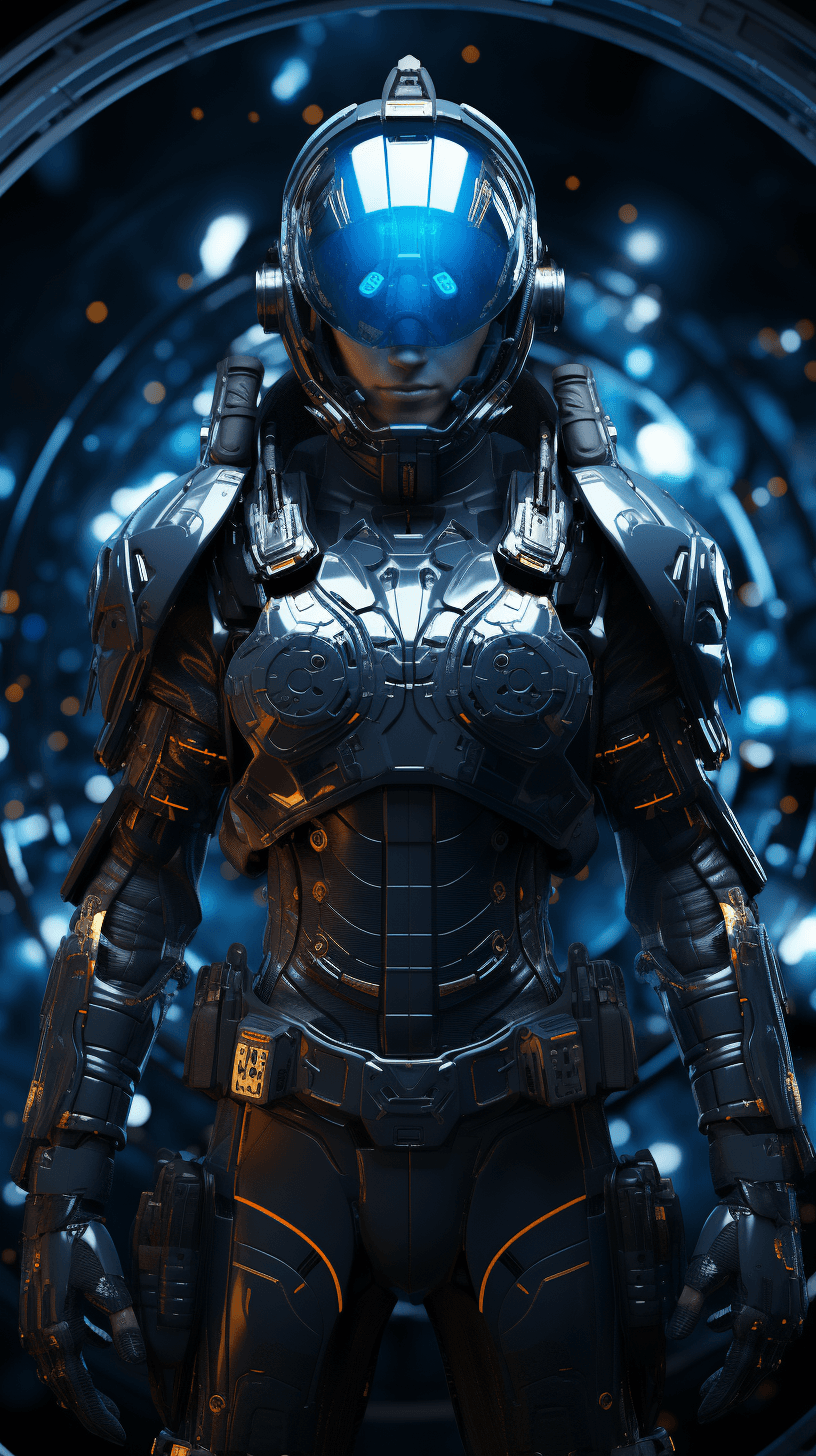 AI generated: futuristic warrior in full military attire, full body hologram inside a flat screen, space ship inte...