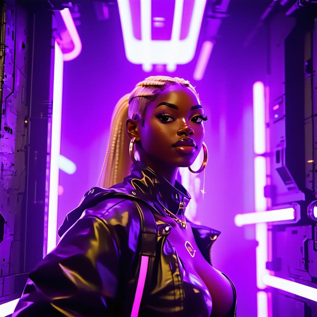 AI generated: Woman with brown skin, blonde hair, curvy complexion , futuristic, neon purple lights, hourglass bod...