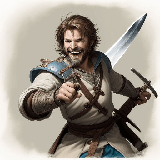 AI generated: character portrait of a grizzled swordsman in the middle of a fight, laughing swashbuckler, wielding...