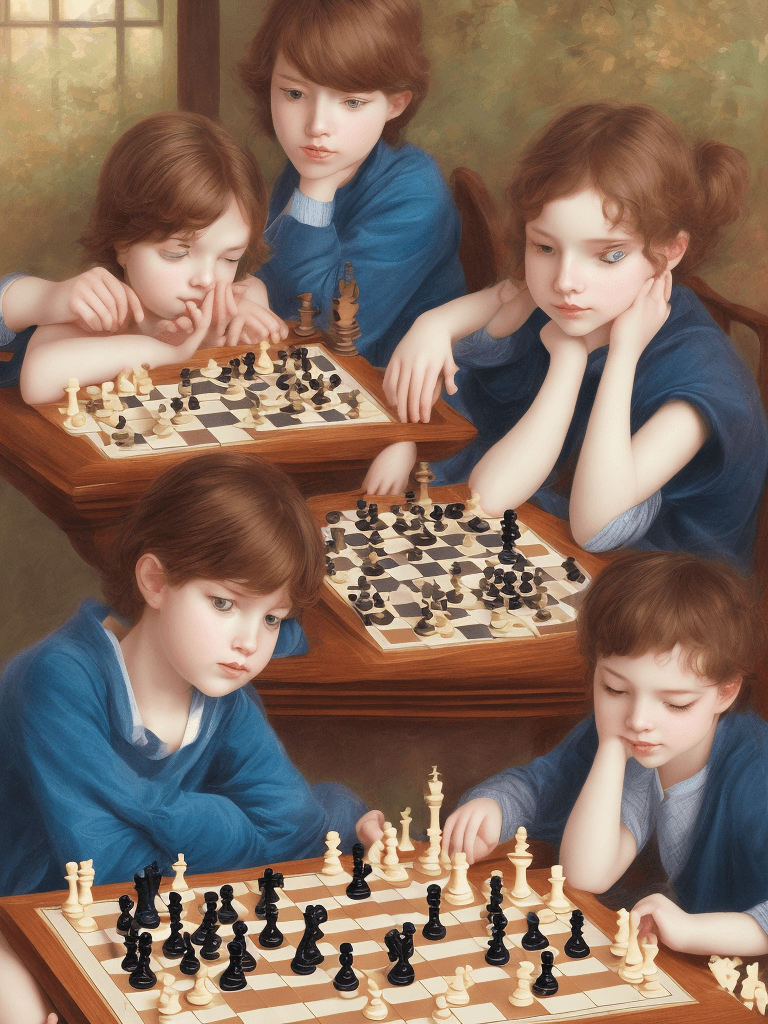 AI generated: two beautiful childs playing chess at a table, slight smile, asymmetrical face, Trending on pixiv, F...