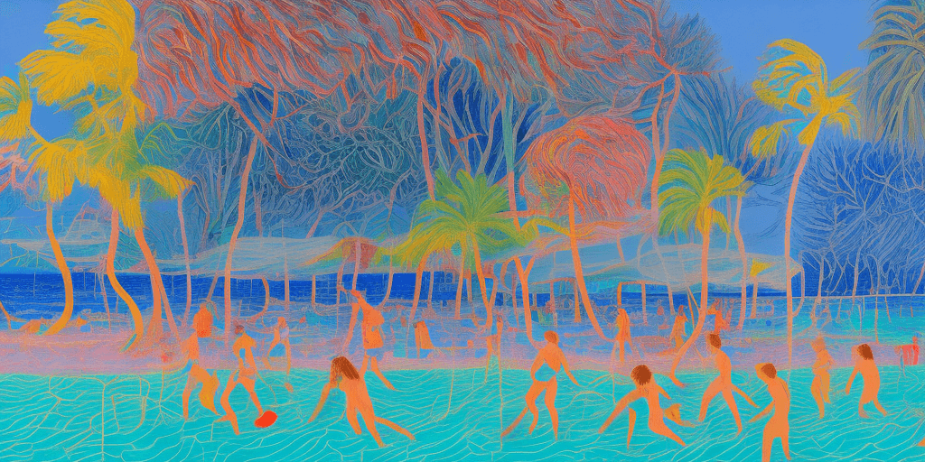 AI generated: epic scene, beach, david hockney