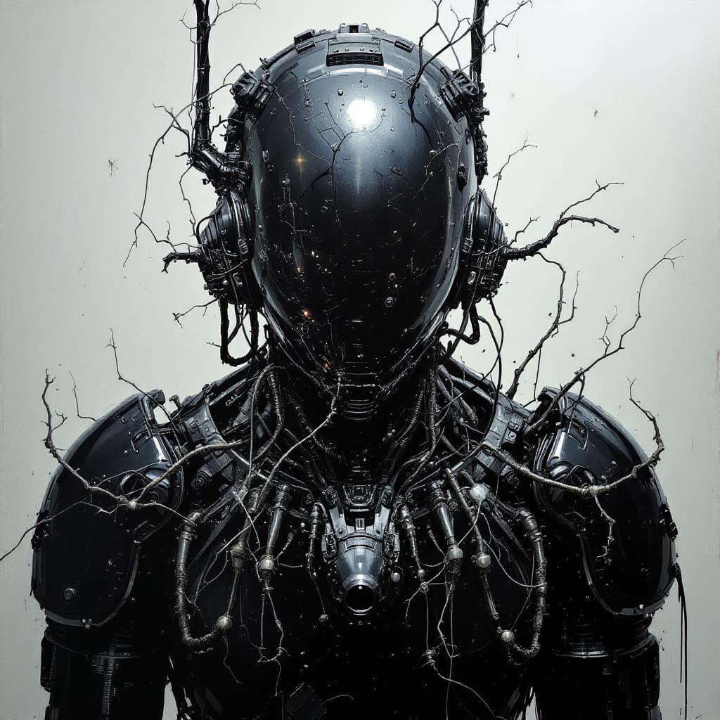 AI generated: artistic, oil painting, front view, heavy brushed, sci-fi, bizarre mechanical human, gaze, Tsutomu N...