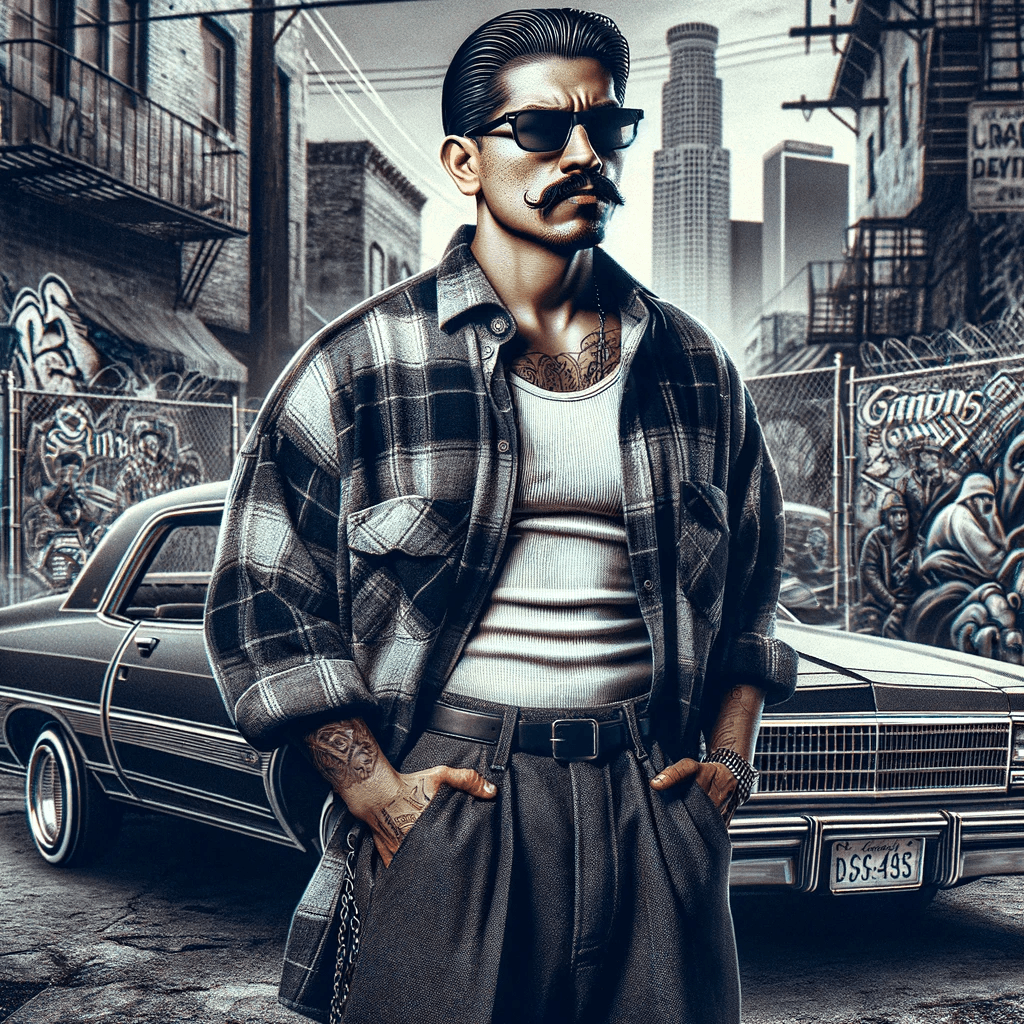 AI generated: A 1990’s type Los Angeles gangster from a Latino background. Gangster look, west coast Latino man 