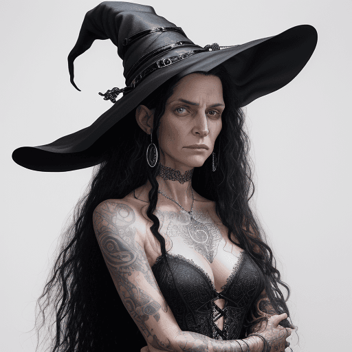 AI generated: Portrait of a witch, woman with long, dark curly hair, many tattoos, silver ring’s, silver bracelets...