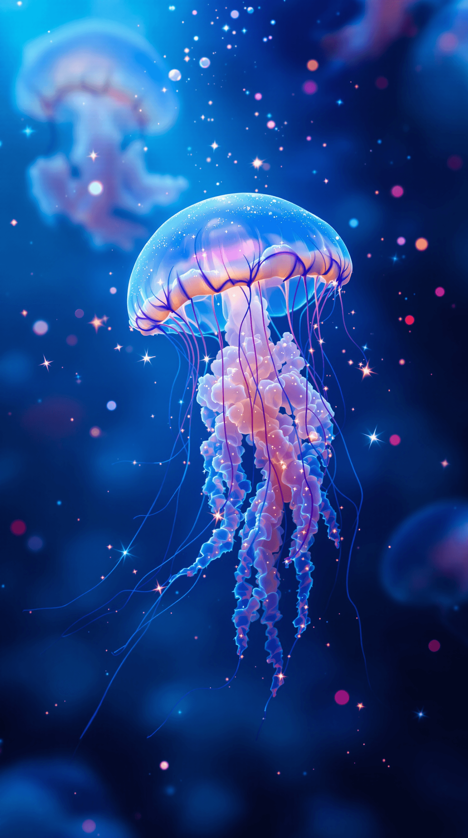 AI generated: undersea floating jellyfish with some soft sparks in the center of the image floating in calm scene ...