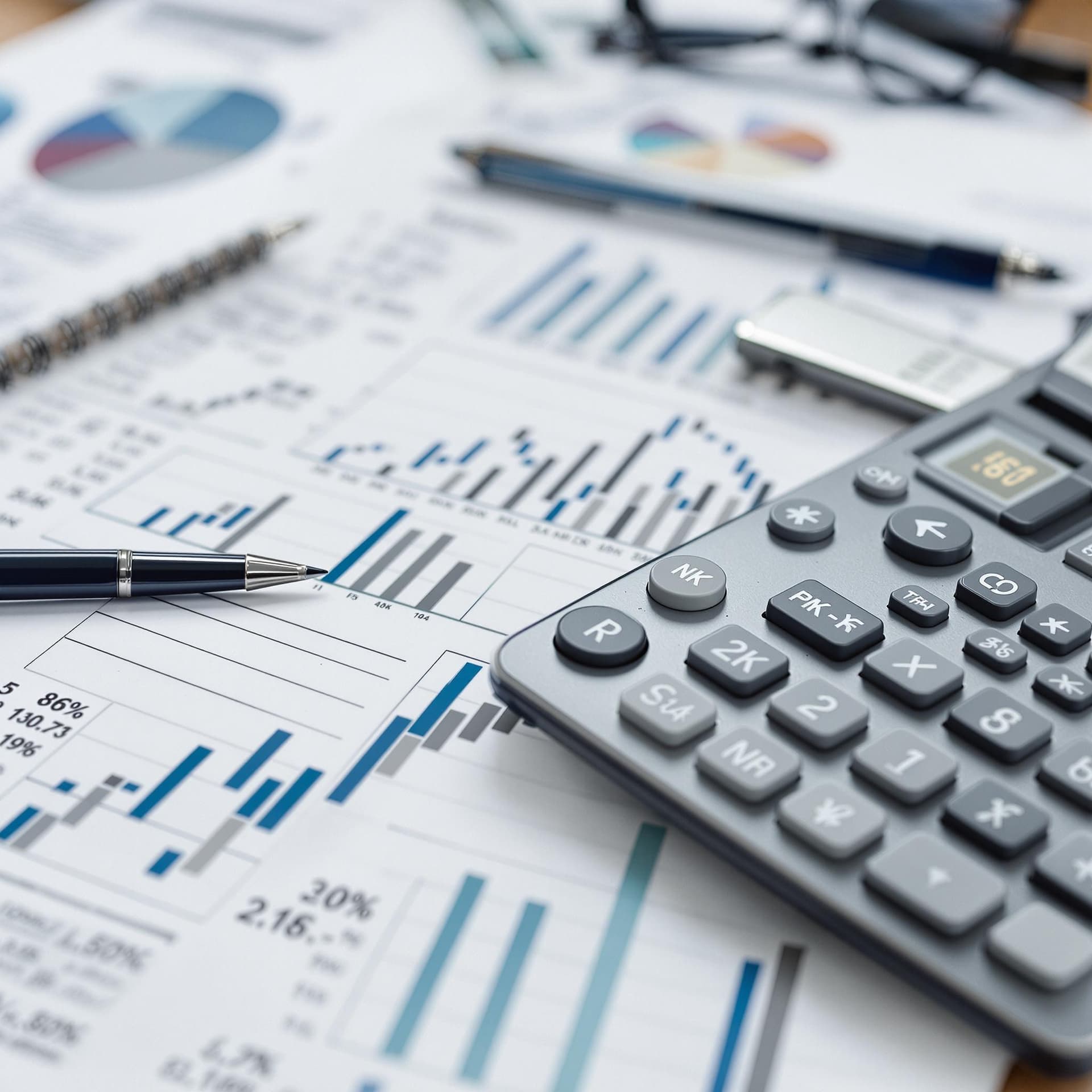 AI generated: A notebook with financial charts and a calculator. dslr, ultra quality, sharp focus, tack sharp, dof...