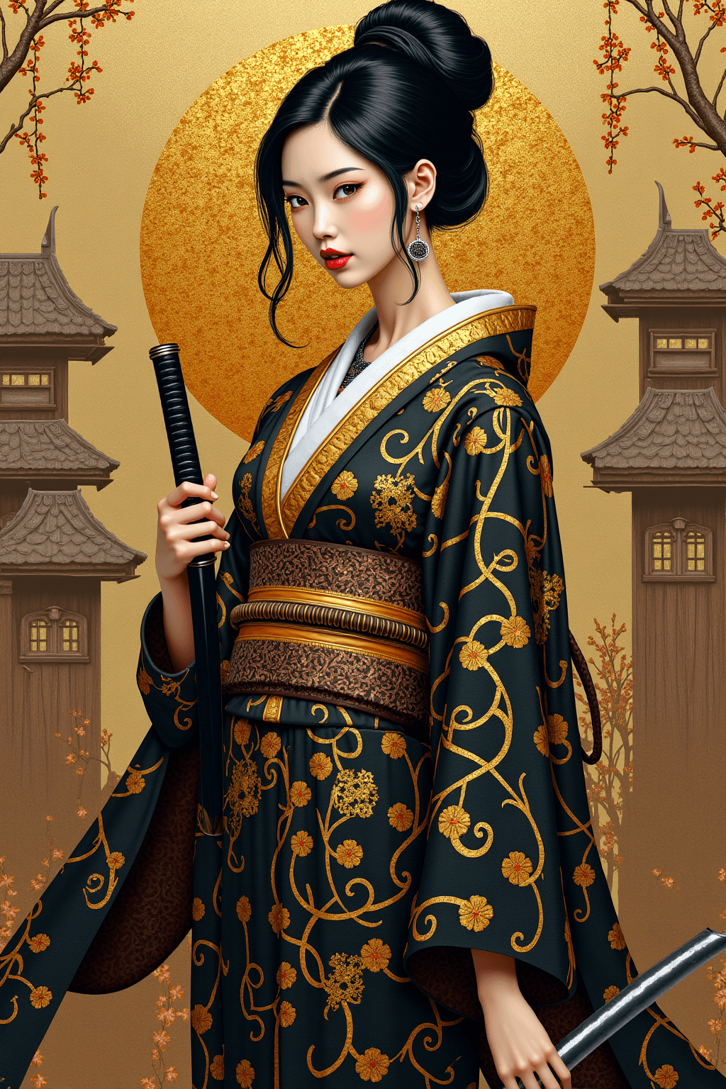 AI generated: An elegant Art Nouveau painting of a female warrior who is a fusion of geisha and ninja, set in a st...