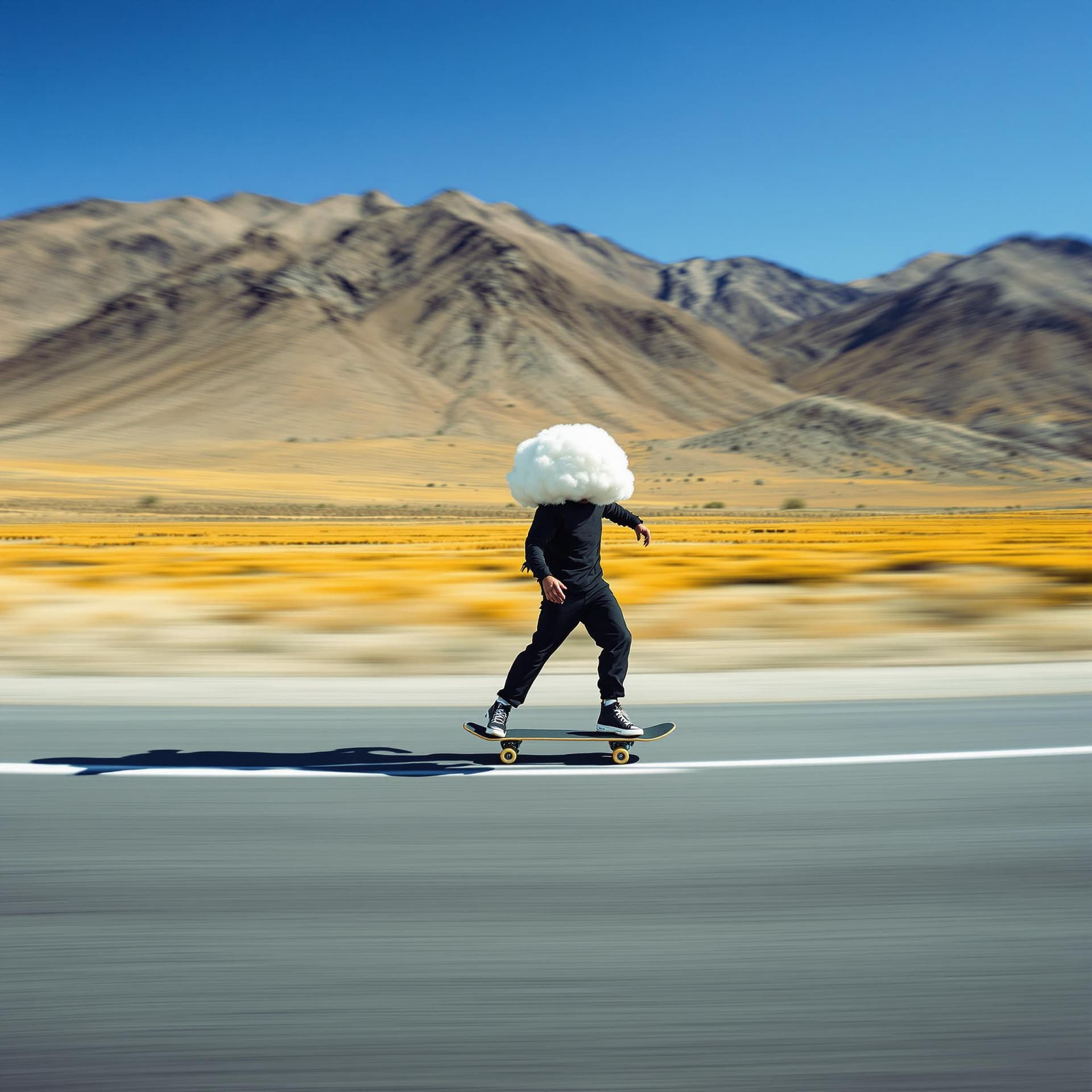 AI generated: This is a high-speed photograph capturing a skateboarder in motion on a deserted road. The image, li...