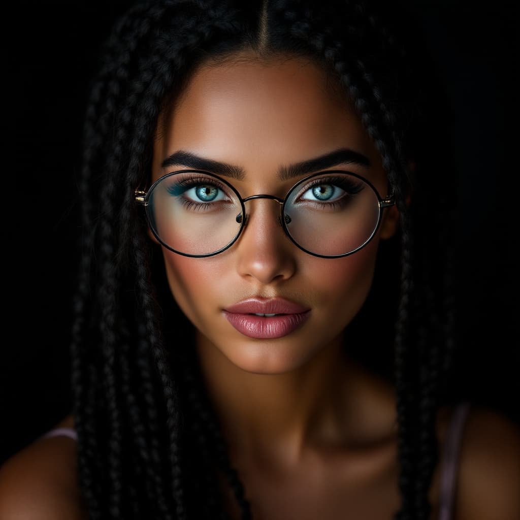 AI generated: Create an image of a very attractive woman with braided black hair. She is wearing a little lilac dr...