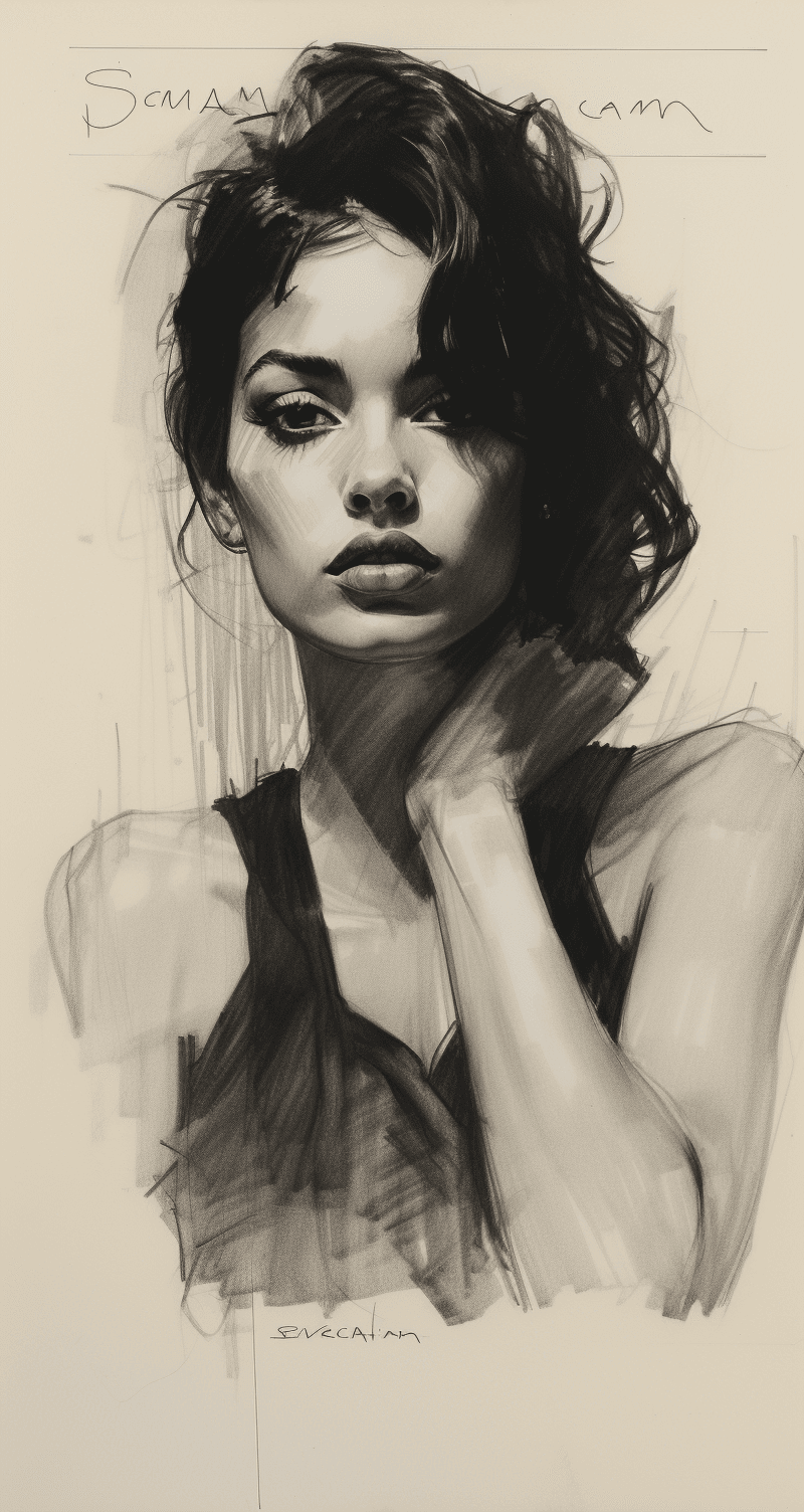 AI generated: Rough charcoal sketch on old paper, beautiful female figure, seductive pose, clean line art --ar 68:...
