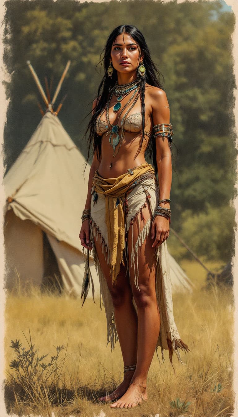 AI generated: Full body view of A half colored draw of a real beautiful  native american  indian woman,no hedgear,...