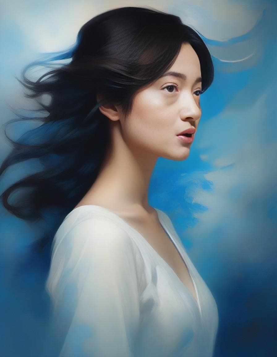 AI generated: A vertical image of a serene woman in profile. His features are soft and detailed against a dark bac...