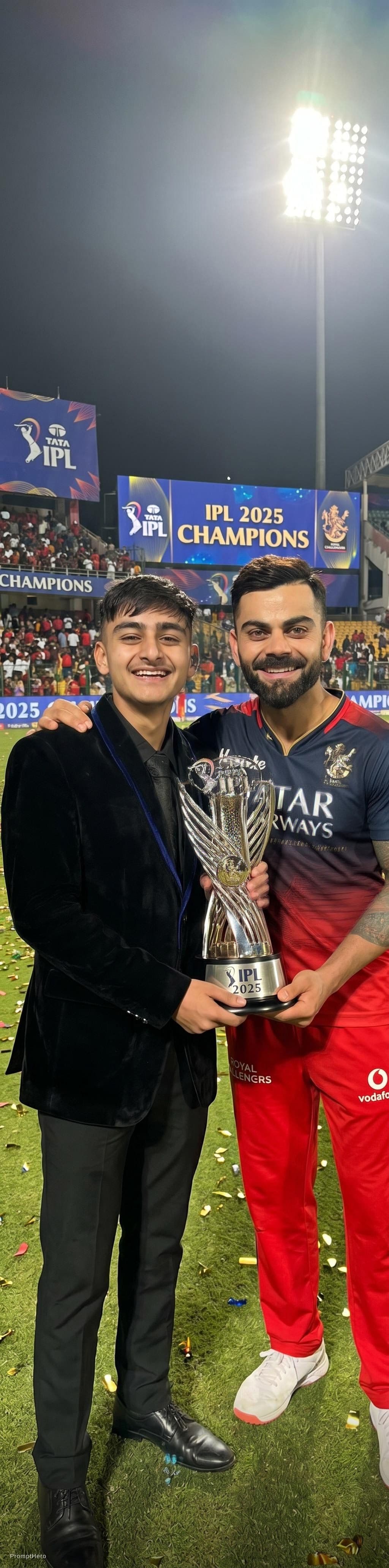 AI generated: Combine these two photos and make me to stand beside virat kohli with the ipl cup. Make virat giving...