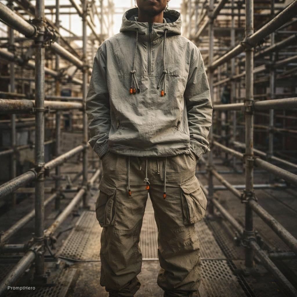 AI generated: photorealistic, wide angle, toe to head composition, distorted, street style of fashion, man model, ...