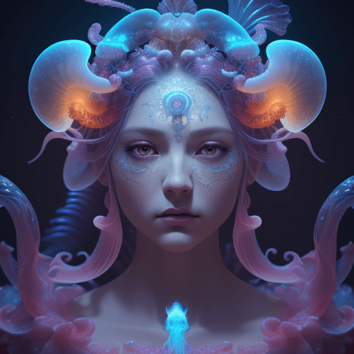 AI generated: Goddess close-up portrait ribcagel. jellyfish phoenix head, nautilus, orchid, skull, betta fish, bio...