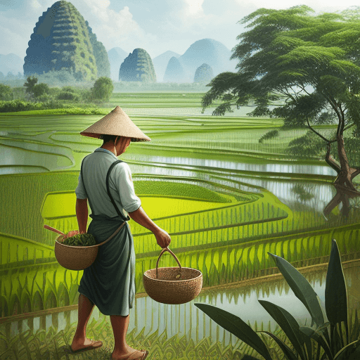 AI generated: Landscape illustration, a farmer tending to his rice field, agriculture book, Khmer Art, set against...