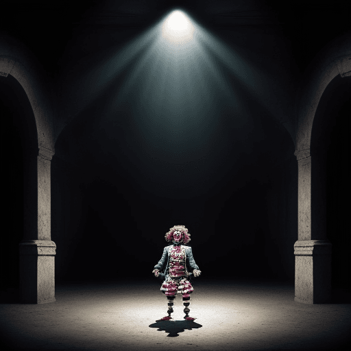 AI generated: in old circus there is a dead clown big space around him and some people in the shadow picture shoul...