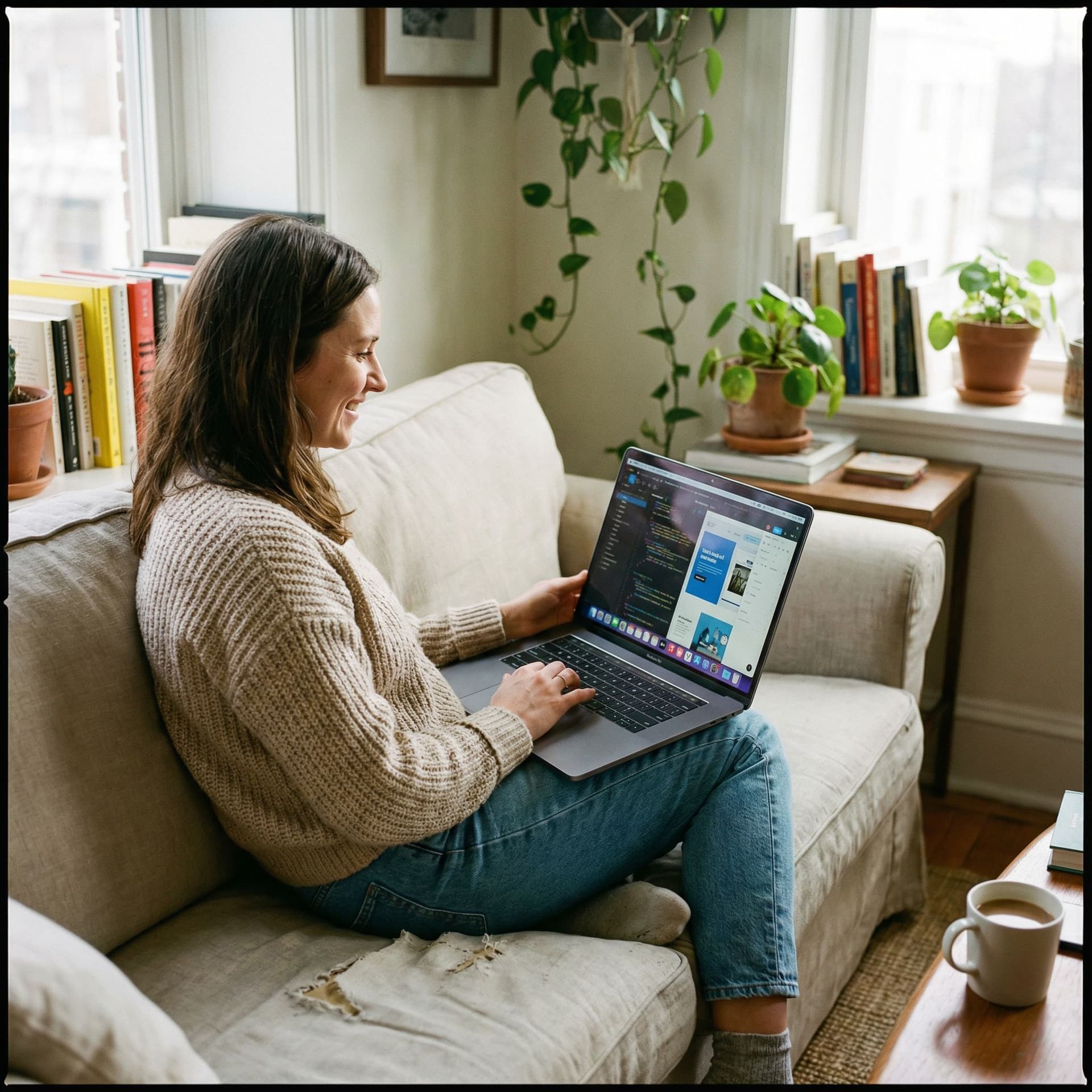 AI generated: a woman on her sofa working with her MacBook Pro, the screen is visible