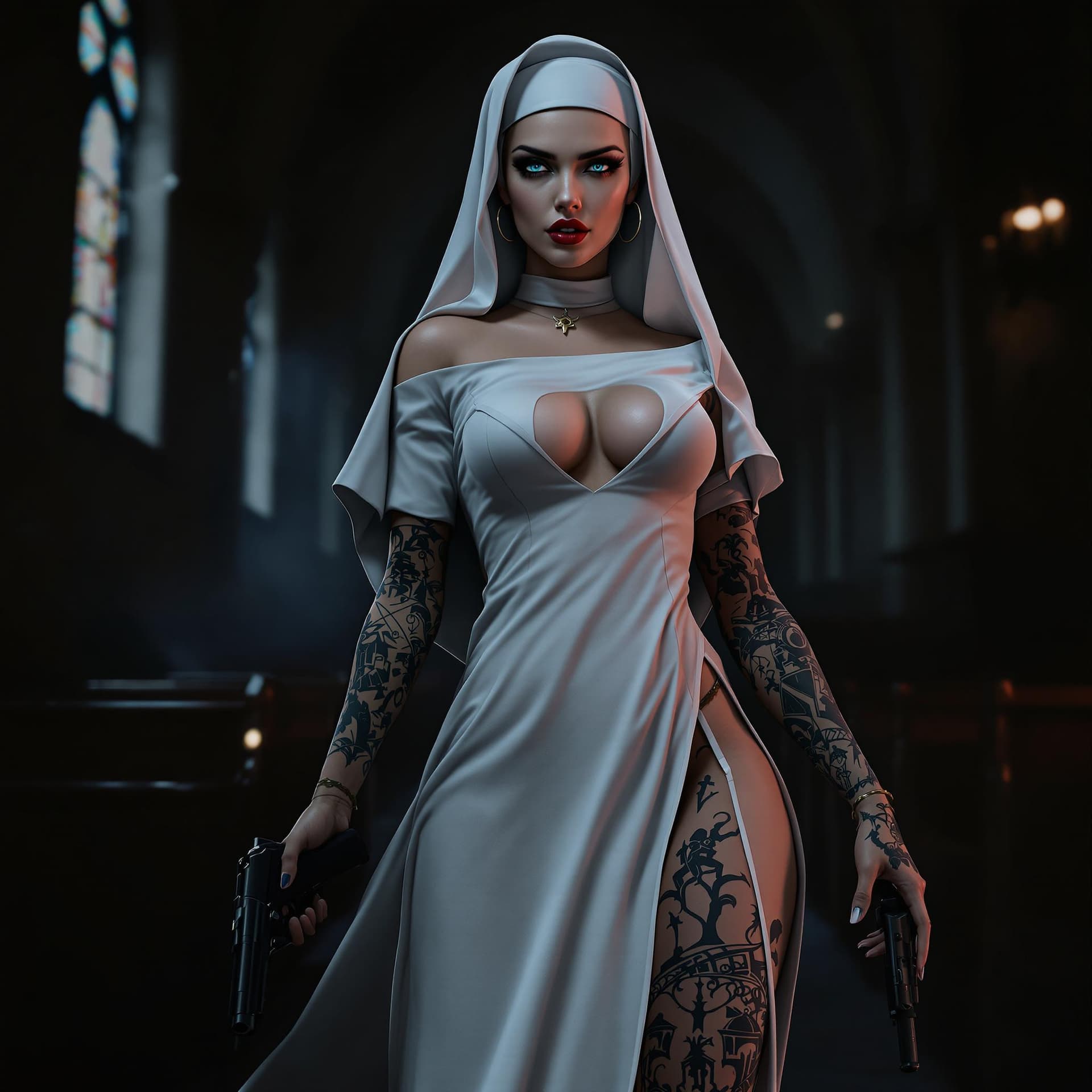 AI generated: full body view of a gorgeous woman in a nun's outfit a slit on the side revealing her tattooed leg, ...